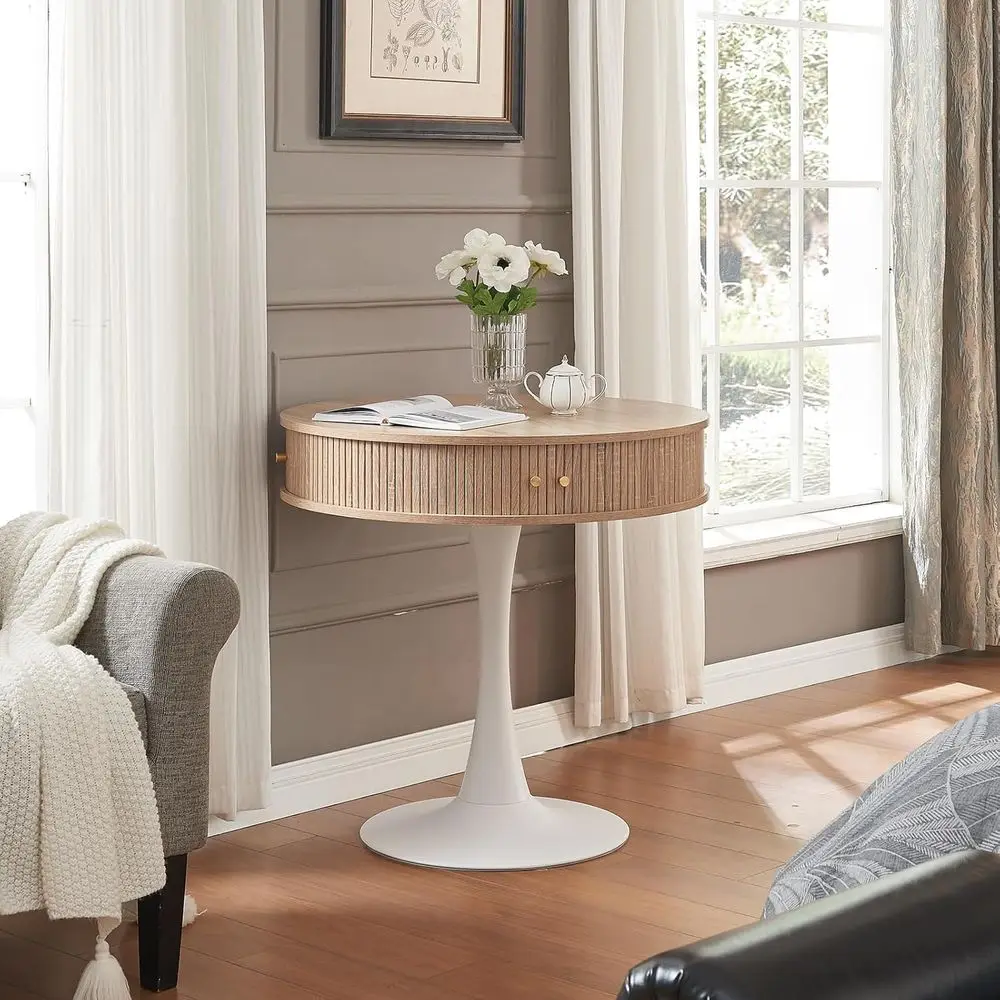 

White Metal Pedestal Table with 31.5 Faux Woodgrain Top, 2 Sliding Doors, and Hidden Storage for Kitchen & Cafe Use