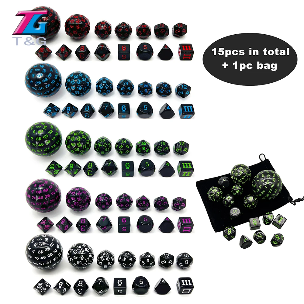 Polyhedral Dice Set DND Cubes POP D3-D100 Acrylic Dice Sets 15 Pcs With Cloth Bag For Gift DND Game RPG Board Game Accessories