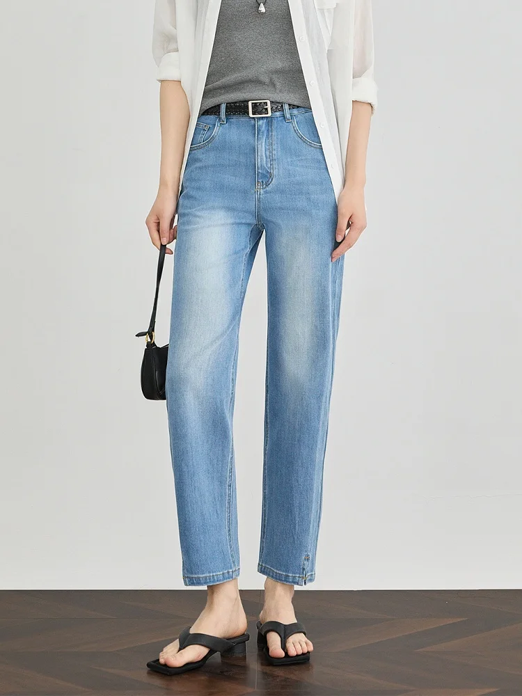 

Джинсы FALIN синие, с высокой талией, облегающие, женские, для высоких, тонкие, прямые, укороченные, для повседневной носки, из смесового хлопка, летние