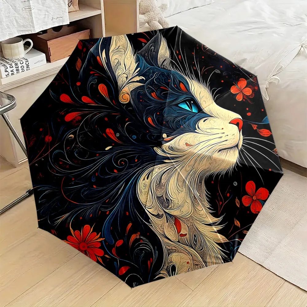 1PC Artistic cat design umbrella with vibrant floral patterns Print 8 Iron Ribs Folding Umbrella Auto-Open Fashion Sunshade
