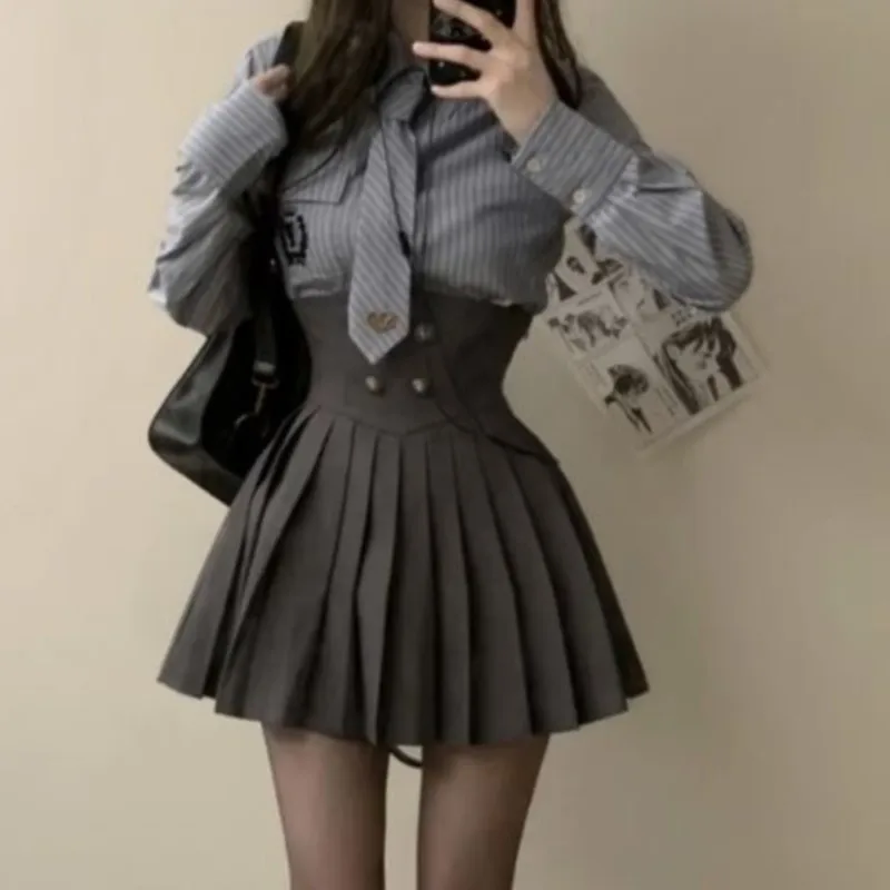 Autumn New 3 Piece Set Women Kawaii Skirt Suits Female Short Coat Pleated Mini Skirt Striped Shirt Y2K Korean Fashion Outfits