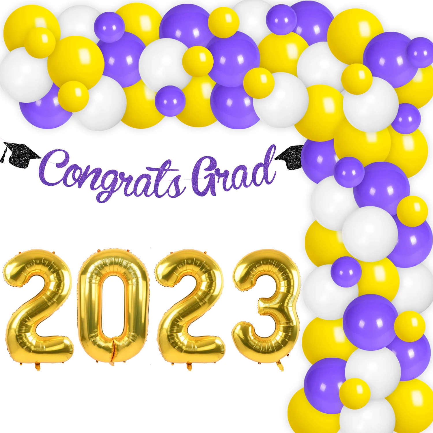 Graduation Party Decorations, Congrats Grad Banner, Balloons Garlands, Purple and Yellow, Class of 2023, 2023