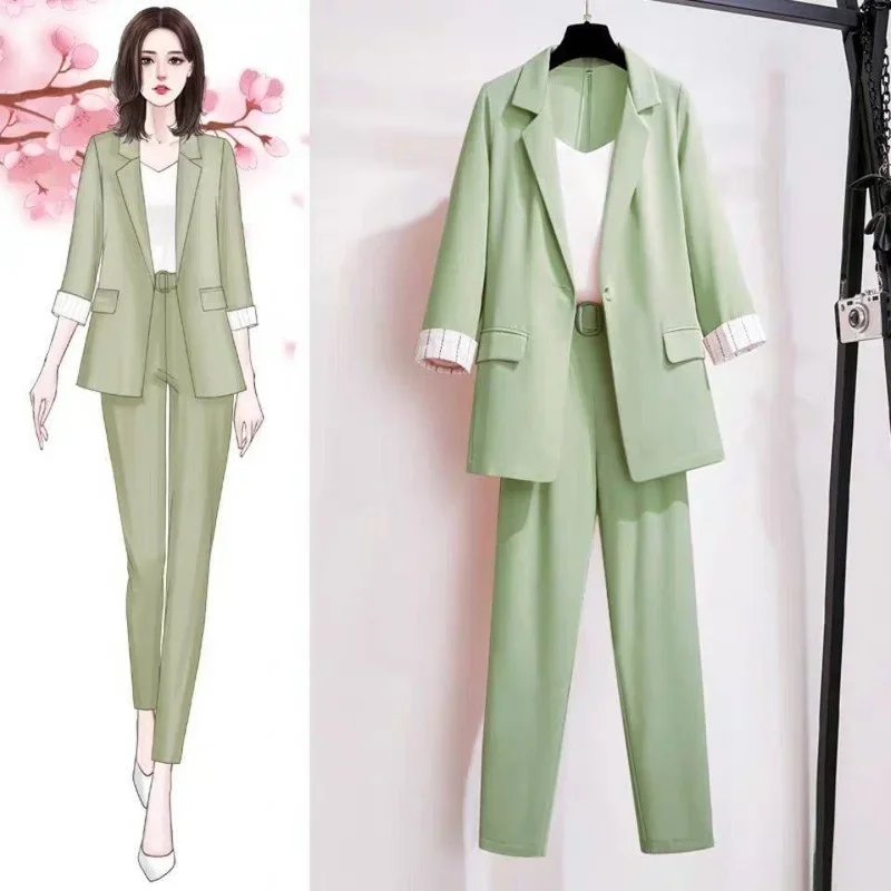 

2024 New Women Blazer + Pants Sets Two Piece Spring Autumn Fashion Work Pant Suits OL Single Button Jacket Formal Suit J49