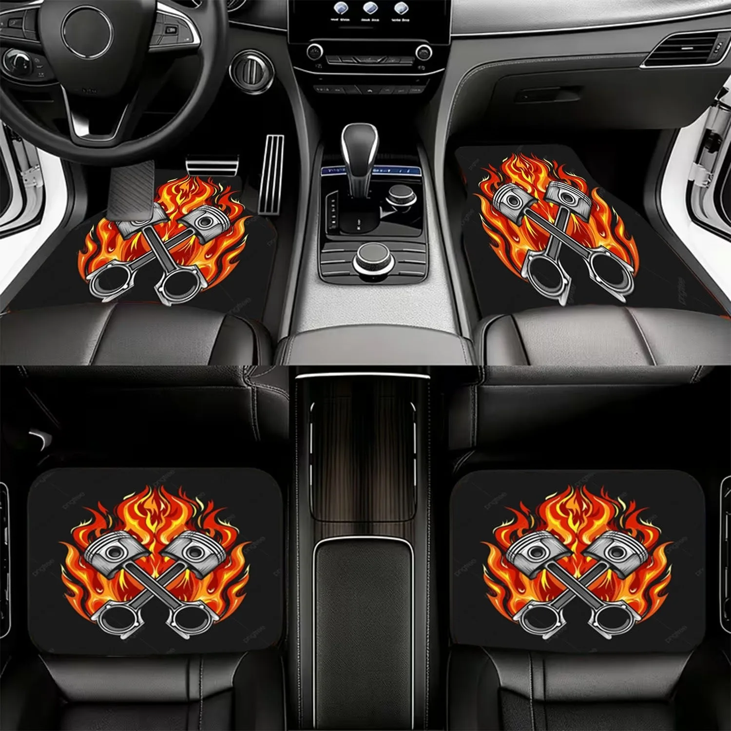 4pcs Car Floor Mats | Stylized Metallic Gray Pistons & Fiery Flames Design, Polyester Material, Retro Industrial Aesthetic, Dura