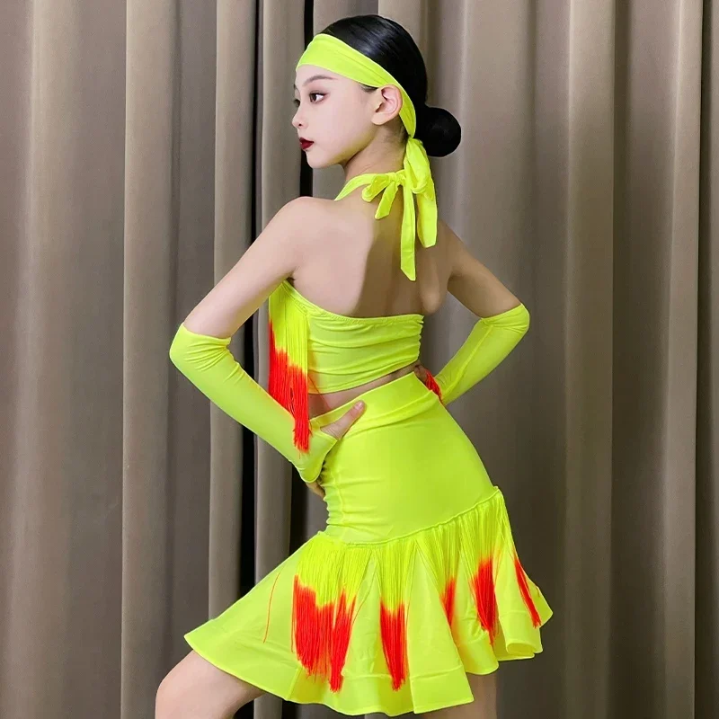 

Fluorescent Yellow Latin Dance Costume Girls Tassel Tops Skirt Kids Latin Competition Dress Cha Cha Rumba Dance Clothes XY91