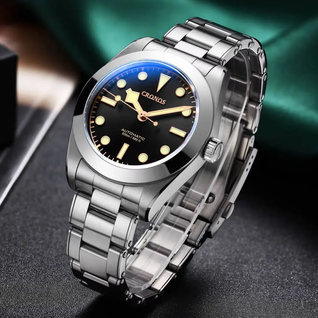 CRONOS Men Automatic Watch 39mm Mechanical Wristwatch Sapphire Mirror Diver 20Bar Waterproof Luminous Snowflake Hand PT5000