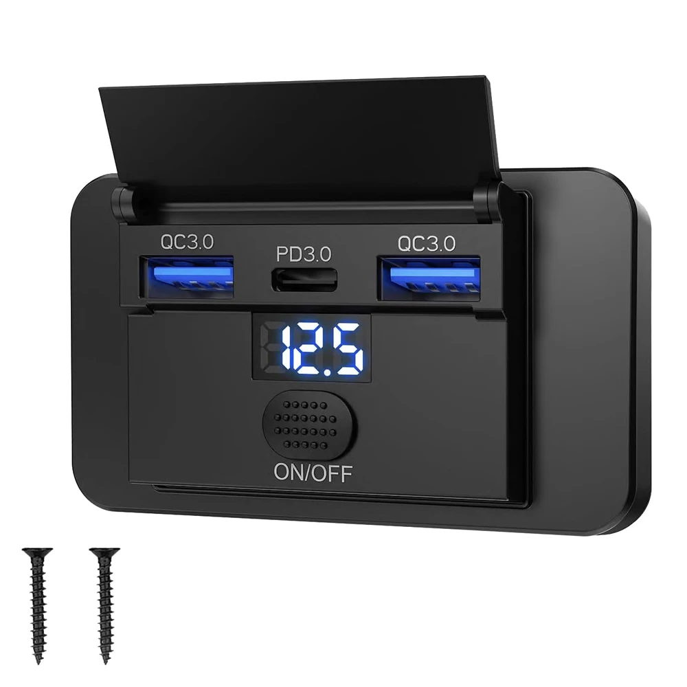 12V USB Outlet 72W Dual QC3.0 18W & Type-C 36W with Switch Voltmeter Charger Socket Surface Mount Panel for Bus Marine, Hot Sale