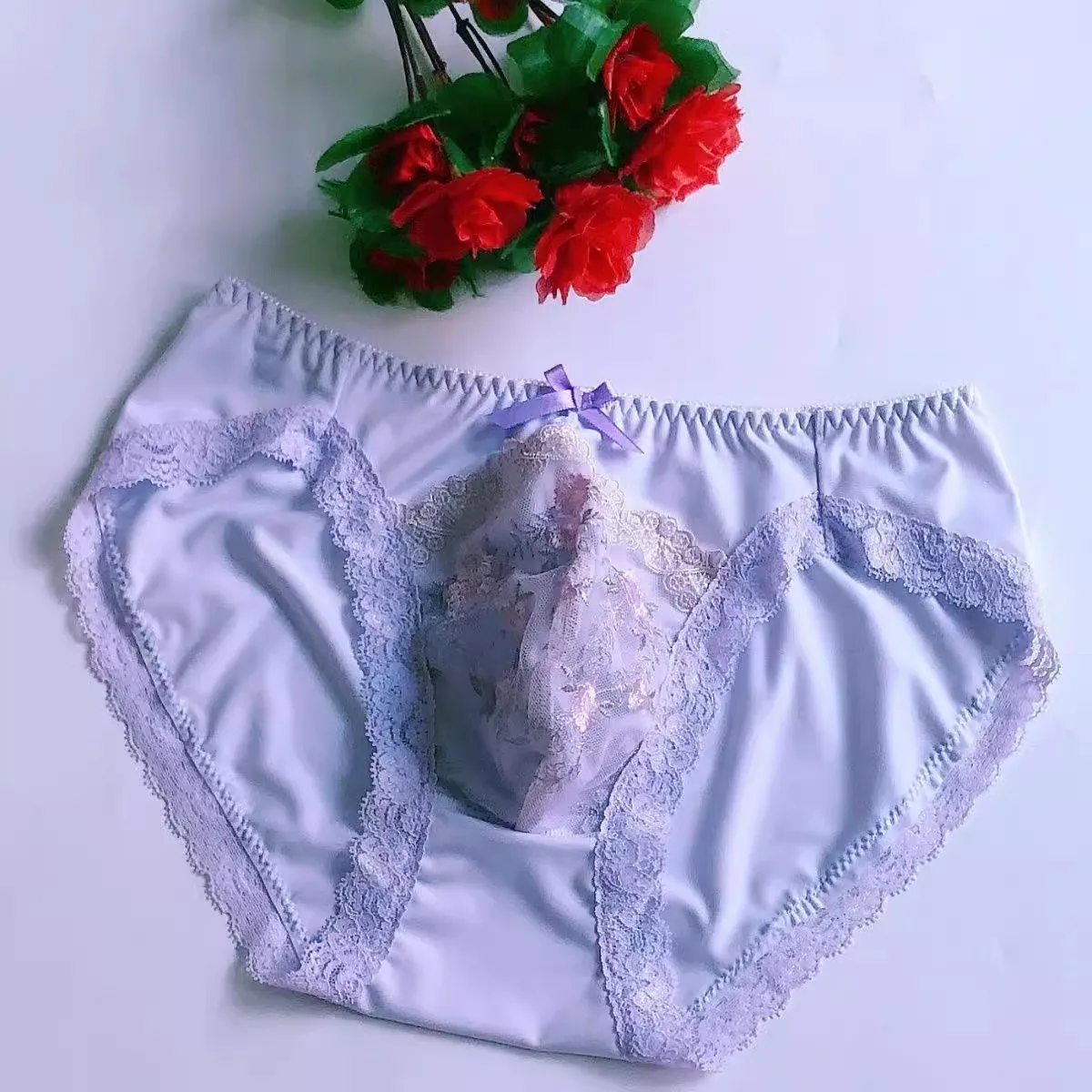 Men Silk Soft  Bow Sissy Low-waisted Panties Lace briefs Private Party Sexy Show Costumes BF Gift - Image 6