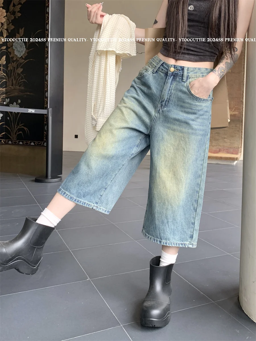 

Slergiri American retro washed do old loose jeans summer y2k streetwear women high waisted straight wide leg cropped pants