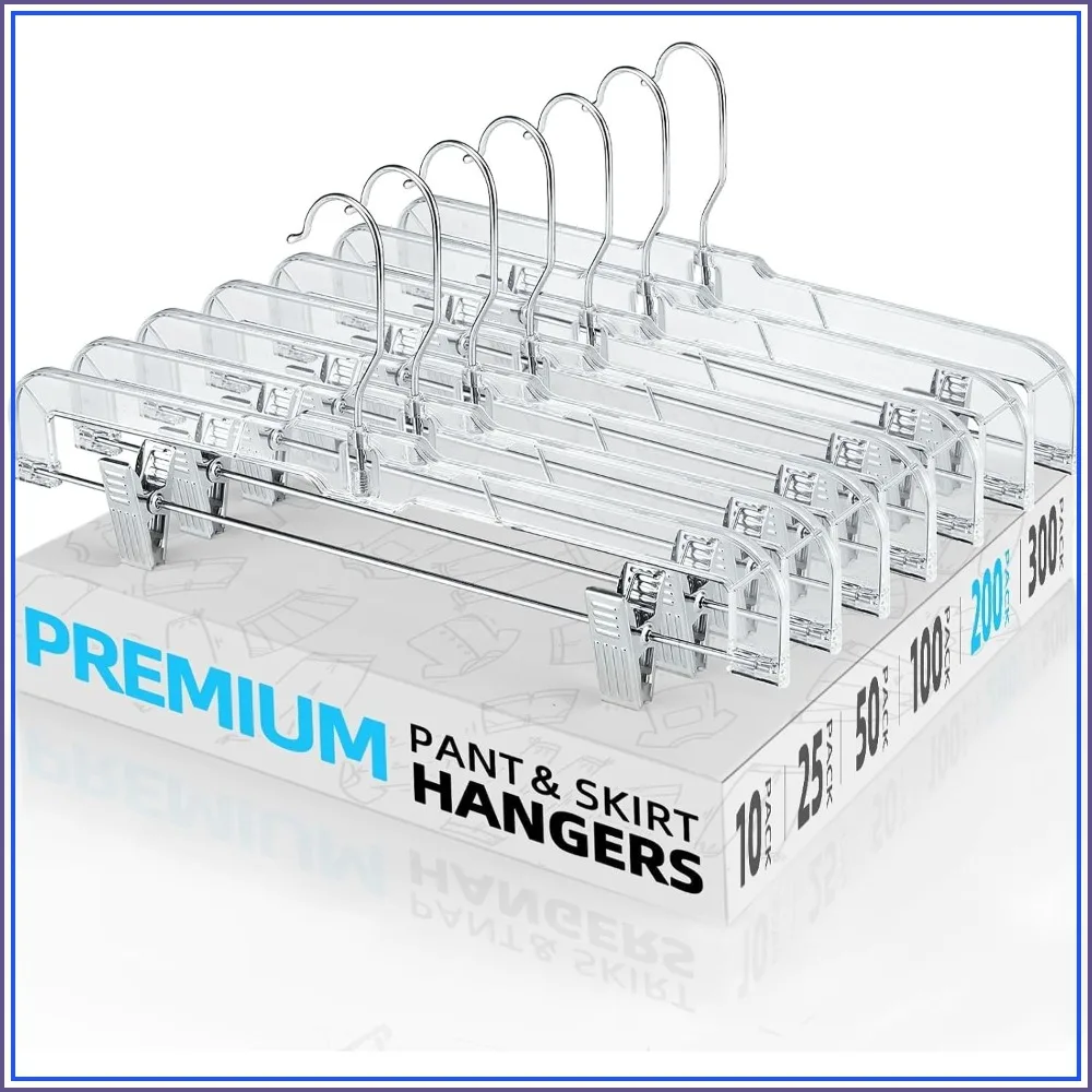 Heavy Duty Clear Pants Hangers 200 Pack 14'' Skirt Hangers Space Saving Closet Organizer