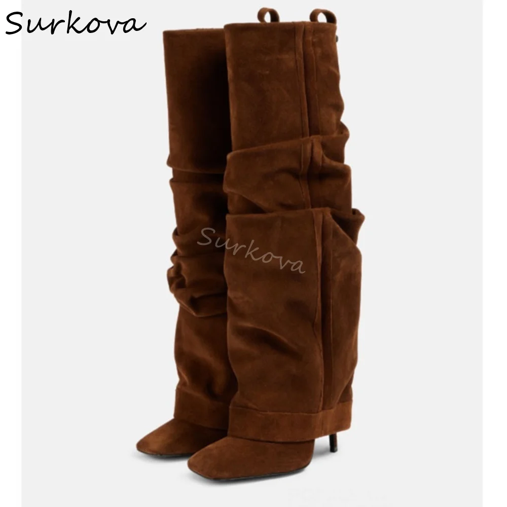 

Brown Square Toe Pleated Knee High Boots Women Flannel Stiletto Heel Slip On Trouser Boots 2025 Autumn New Fashion Long Boots