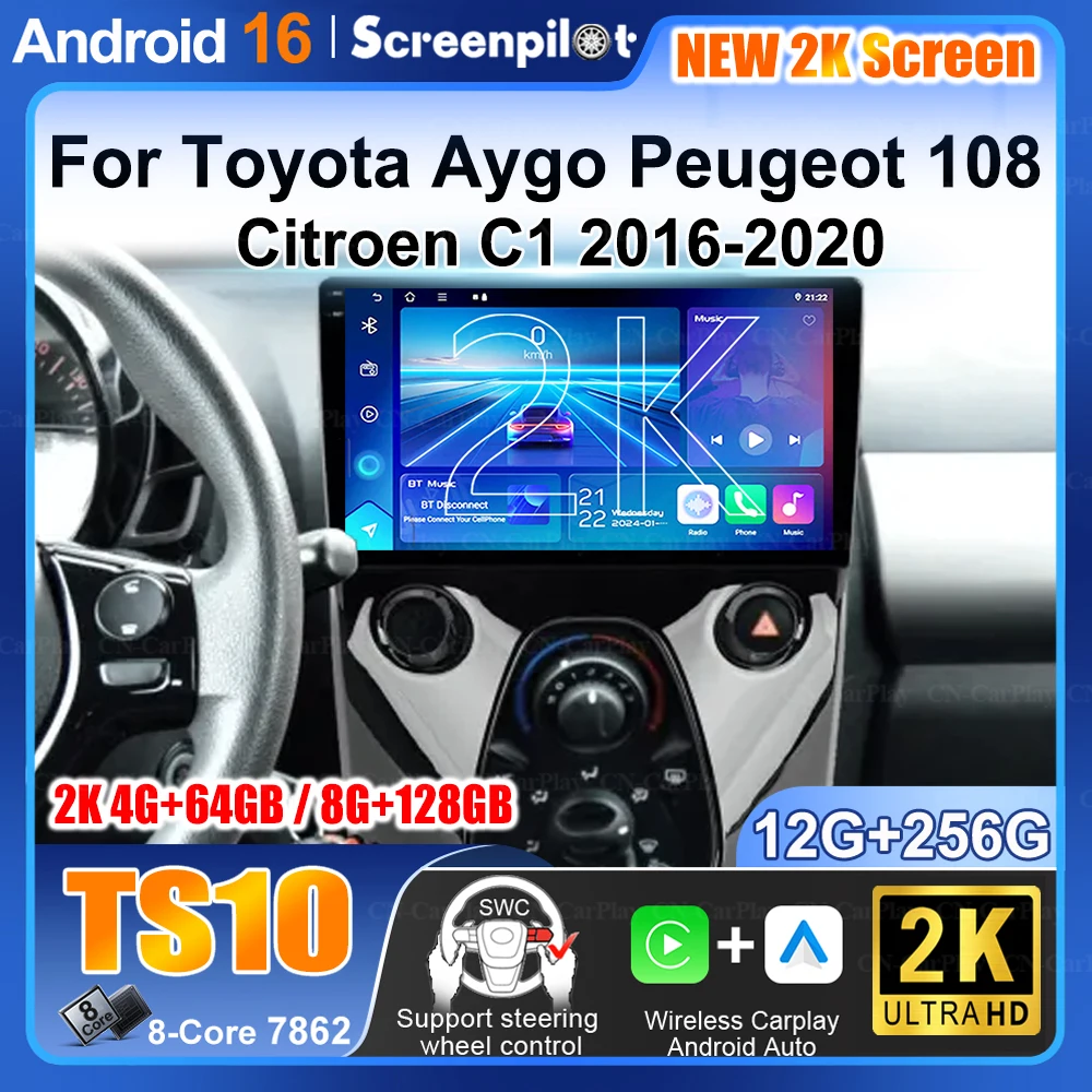 For Peugeot 108 For Citroen C1 For Toyota Aygo 2014 - 2021 Android 16 Multimedia Navigation Gps Auto Radio Player Car Stereo Bt