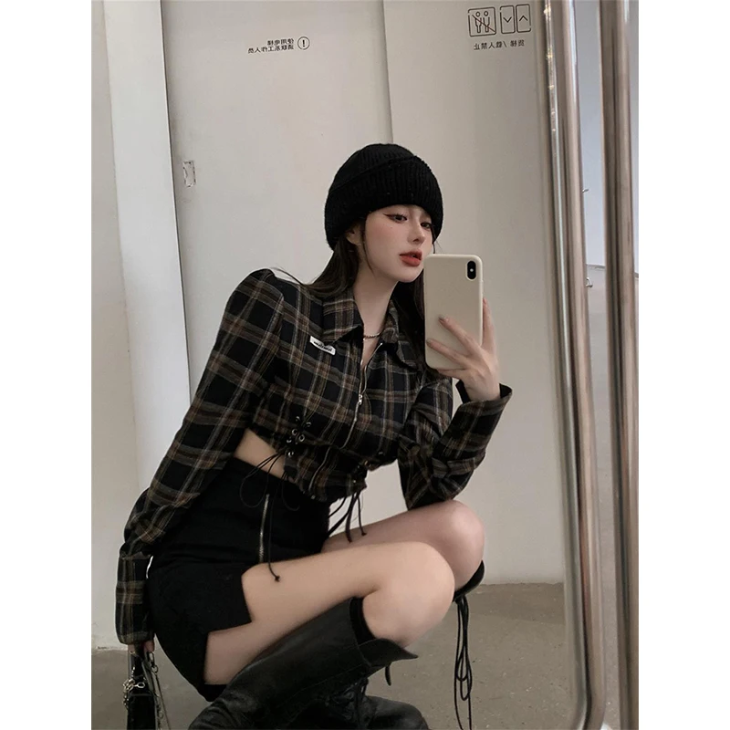 Y2K Streetwear Plaid Shirts Women Harajuku Bandage Tunic Crop Tops Vintage Korean Long Sleeve Zipper Slim Casual Chic Blouses