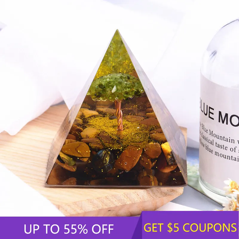 Natural Orgonite Pyramid Olivine Quartz Crystal Tree of Life Healing Chakra Energy Orgone Tiger's Eye Gravel Stone Decor Gift