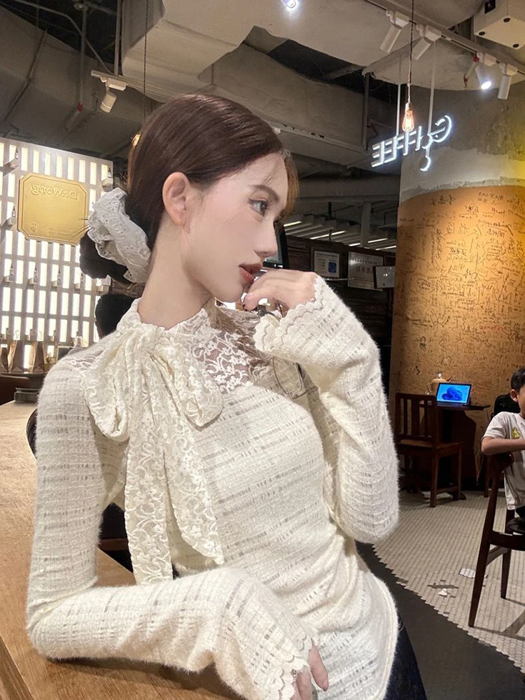 

Кружевной галстук-бабочка женские футболки осень сексуальные полые топы с длинным рукавом базовые топы Y2k корейские элегантные офисные женские универсальные тонкие футболки