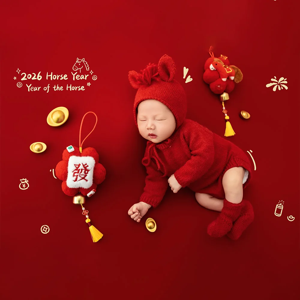Pakaian Fotografi Bayi Baru Lahir Bertema Kuda, Set Romper Rajut Merah dengan Topi Bertelinga, Kostum Foto Studio Bertema Kuda