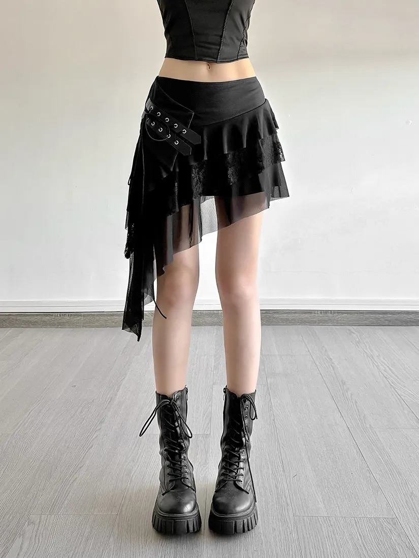 Women Black Gothic Emo Mini Leather Skirt 2000s Vintage Harajuku Gyaru Low Waist Wrap Skirt Korean Style Y2k Punk Skirts Summer