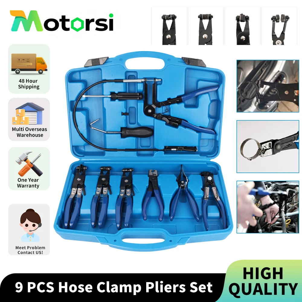 Motorsi 9PC Pinze per fascette stringitubo Filo per utensili Tubo flessibile per olio combustibile a lungo portata Strumenti automatici per riscaldatore del radiatore del liquido di raffreddamento e
