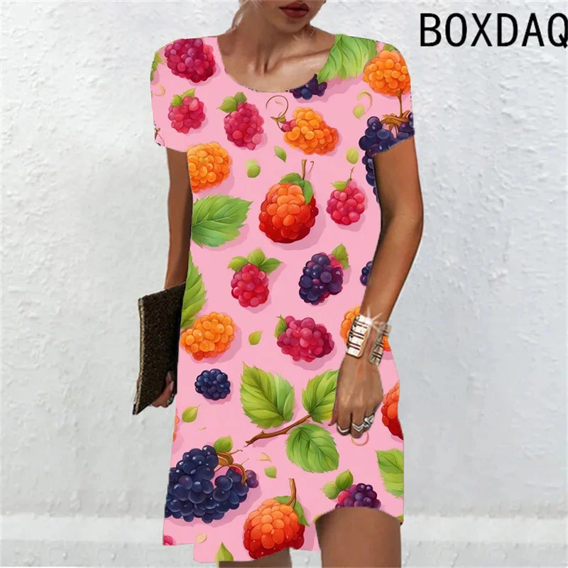 Elegant Sweet Fruit Printing Women Dress 2024 New Summer Dresses Loose Casual Short Sleeve O-Neck 3D Print Woman Dress Vestidos