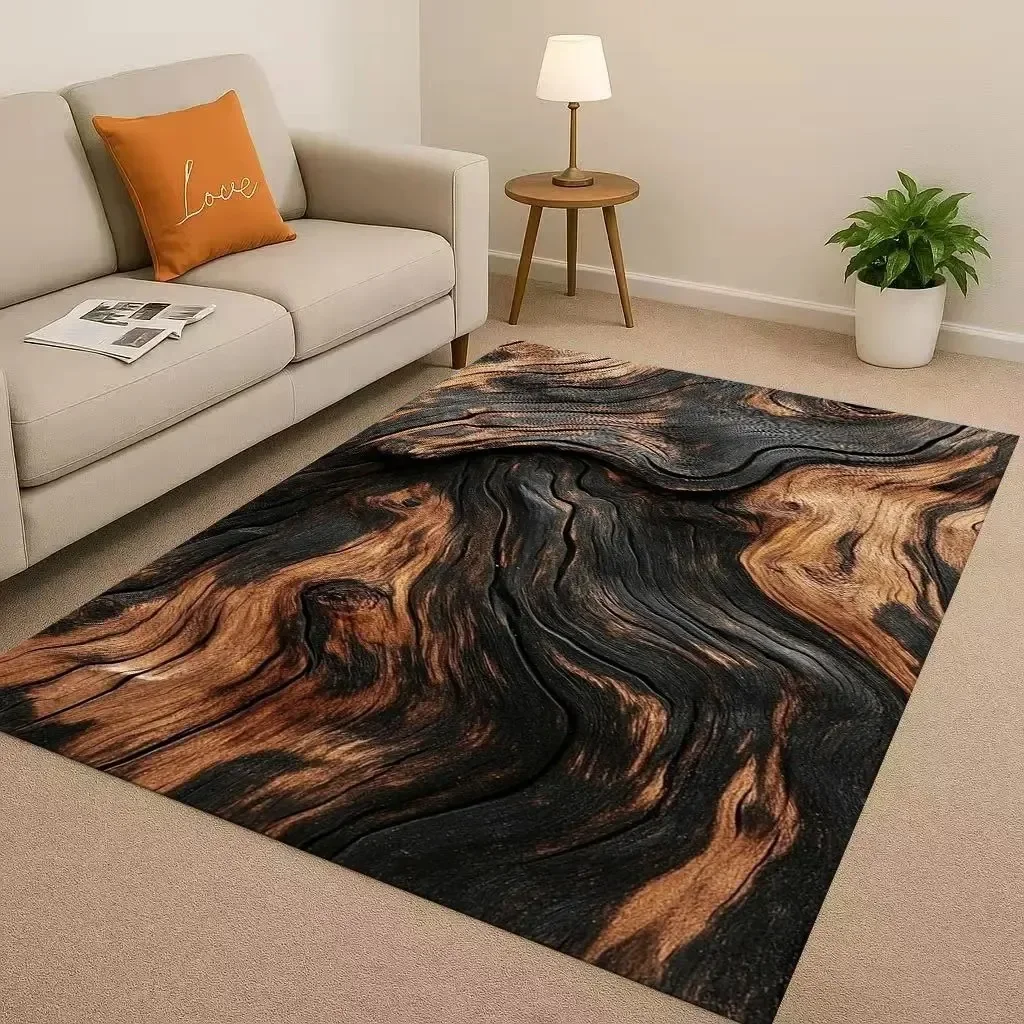 سجادة من الخشب السداسي الريفي مع تصميم سجل ثلاثي الأبعاد لغرفة المعيشة أو غرفة النوم أو المكتب - سجادة أرضية ذات ملمس خشبي طبيعي