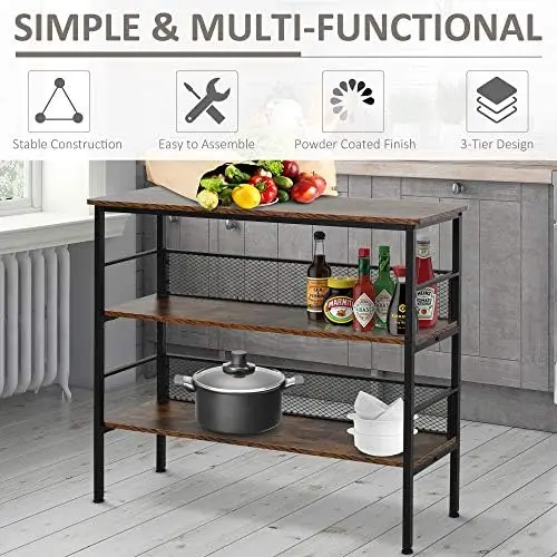3-Tier Console Table Industrial Style  Metal Wooden  with  Robust Multi-Functional Design & Adjustable Feet, Black