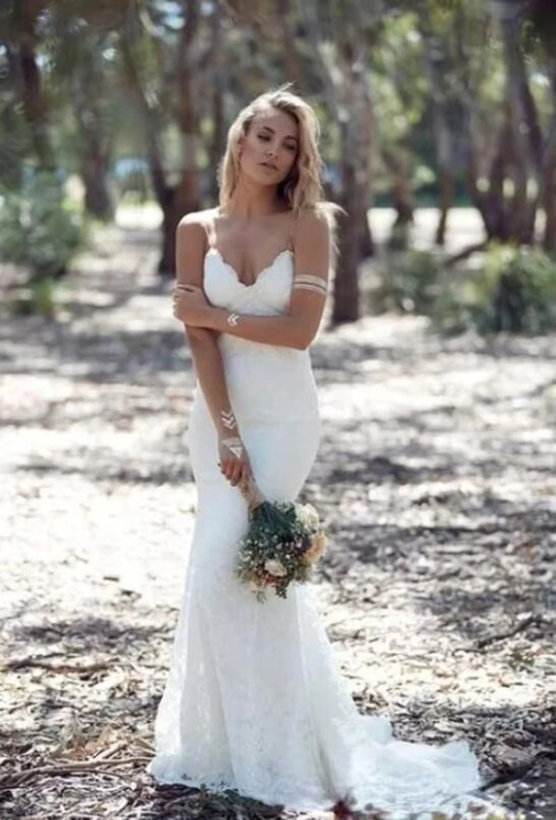 Sexy Backless Mermaid Wedding Dresses 2025 Spaghetti Strap Full Lace Wedding Dress Cheap Sweep Low Back Boho White Bridal Gowns