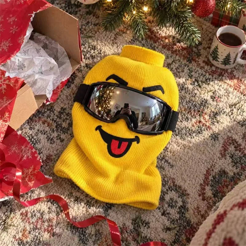 Winter ski headgear，Cute building block face mask with a tongue sticking out，Windproof and warm full-face mask，Suitable for skii