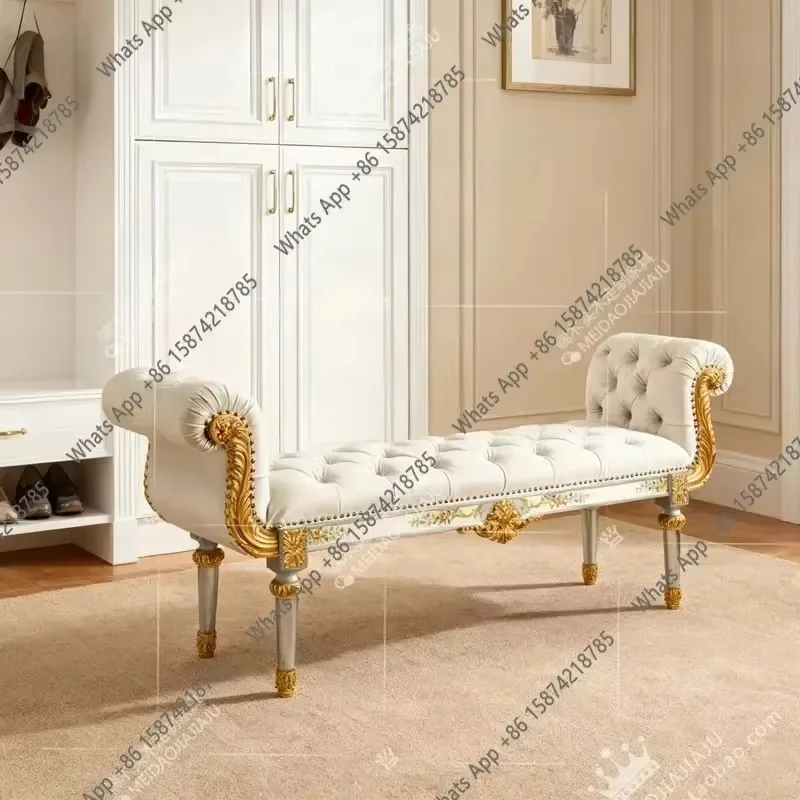 66 French Court Bedroom Solid Wood Carved Painted Bedside Stool Off-white Velvet Buttons Living Room Shoe Changing Stool O
