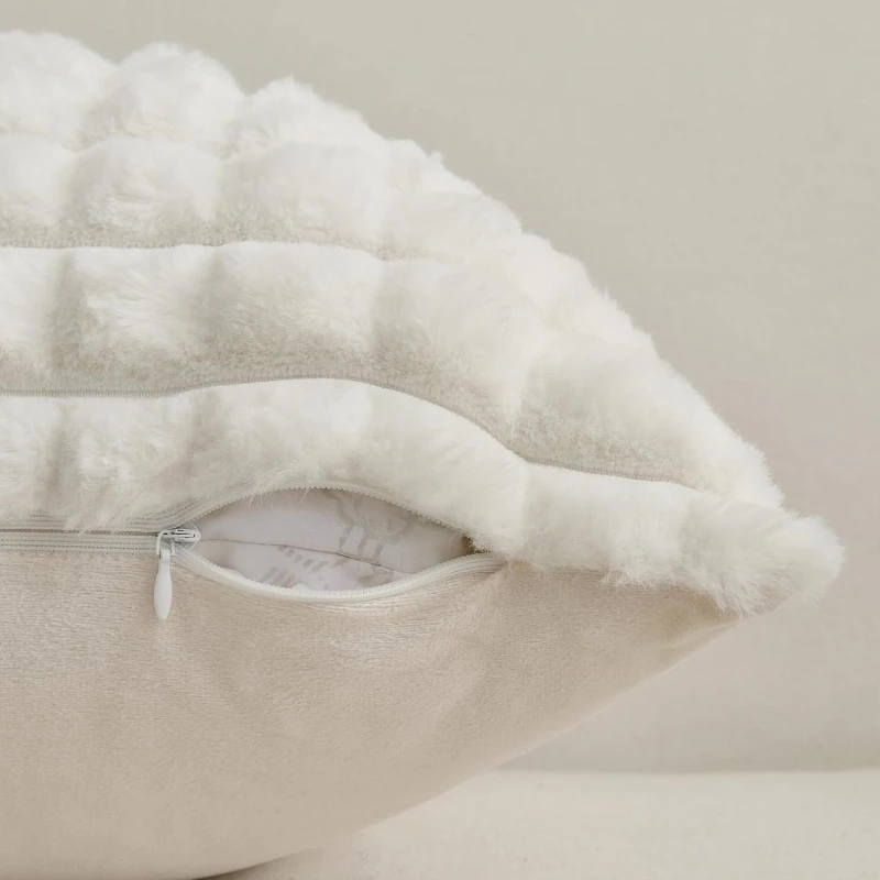 Winter New Imitation Rabbit Fur Pillow Cover Solid Color Grid Splicing Jacquard Plush Square Cushion Cover White Soft Pillowcase
