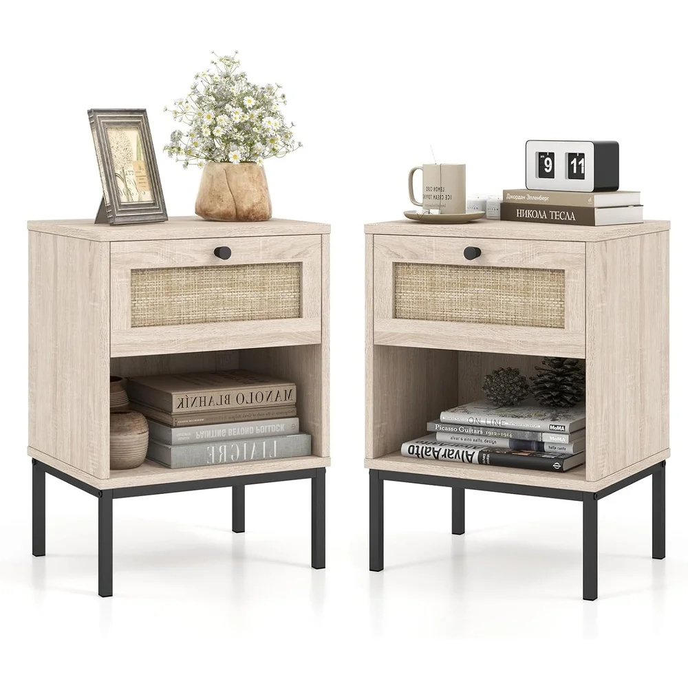 

Minimalist Rattan Nightstand Set of 2 Elegant End Table with Open Storage Drawer Living Room Bedroom Decor