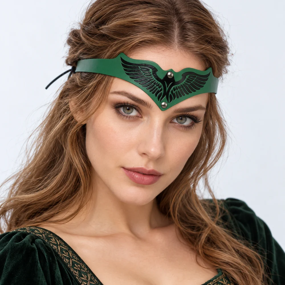 Medieval PU Leather Elf Headband Brown Green Wing Headpiece for Women, Forest Elf Fairy Ranger Renaissance Faire LARP Halloween