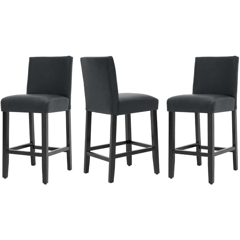 

26'' Faux Leather Bar Stools Set of 3, Modern Upholstered Bar Height Bar Chairs, Soild Wood Legs Barstools with Back