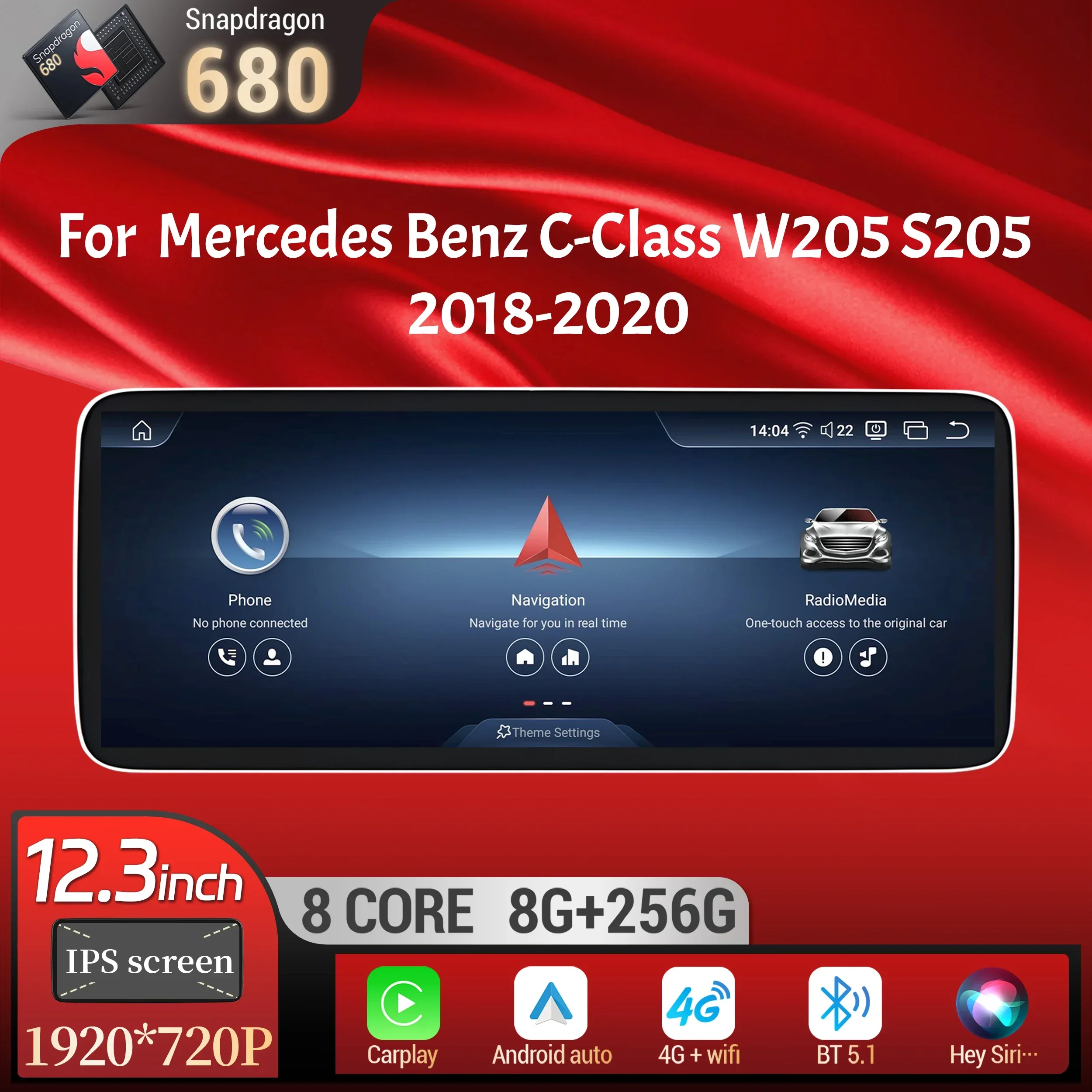 

12.3inch Car Radio For Mercedes Benz C-Class W205 S205 2018-2020 Android 14 Wireless Carplay Snapdragon 680 SM6225 Touch Screen