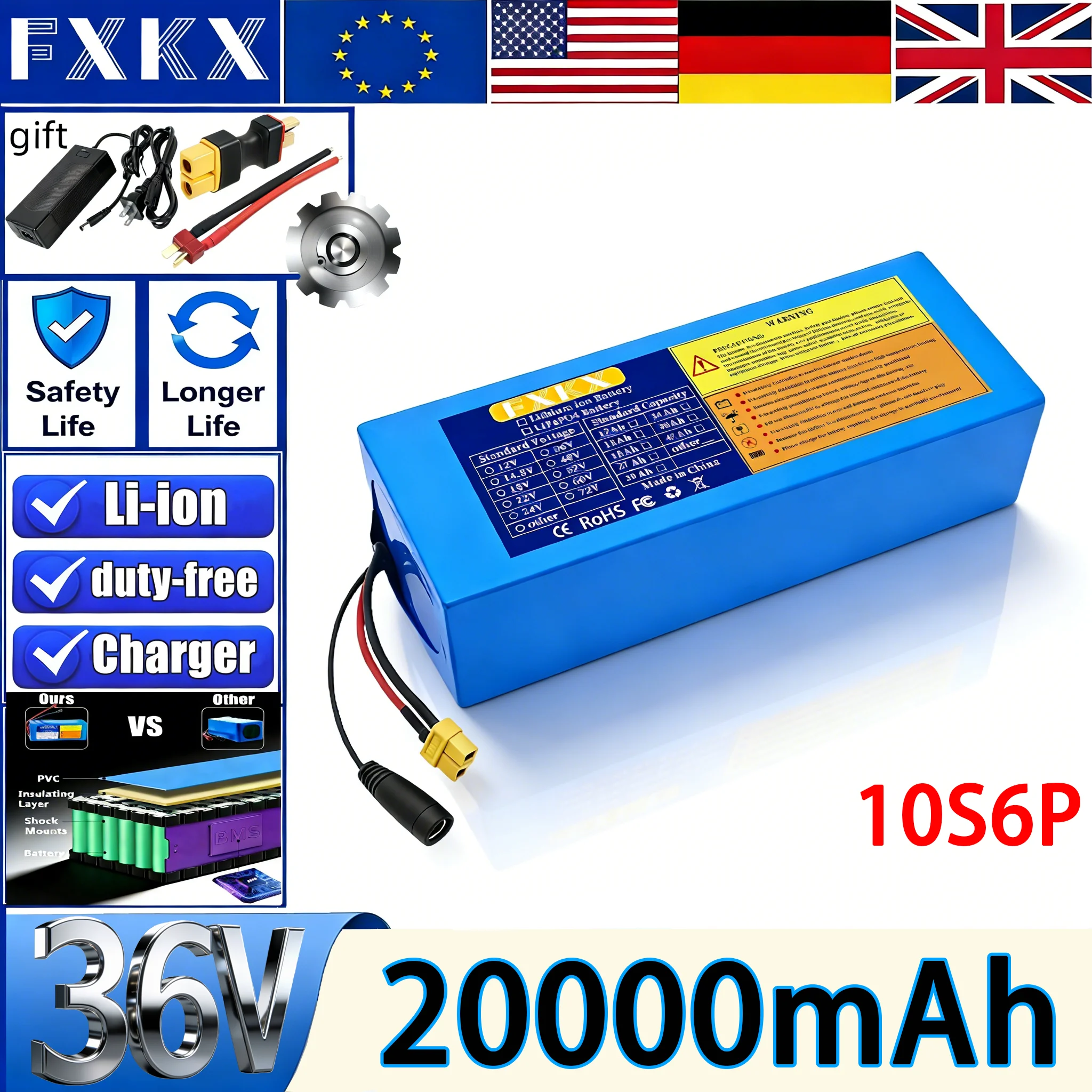 Brand New 36V 20Ah 18650 10S6P Lithium Battery With BMS 500-1000W For 36V E-Scooter Li-ion Battery Pack