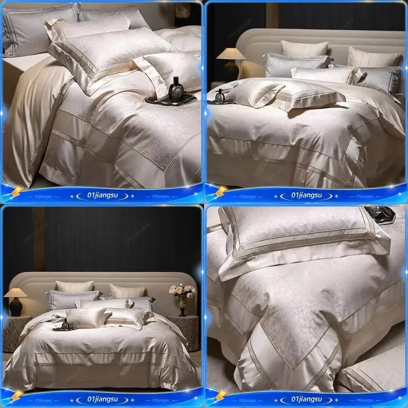 Luxury Egyptian Cotton Jacquard Embroidery Bedding Set 4Pcs Duvet Cover Sheet Pillowcases High End Soft Breathable Home