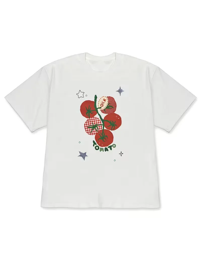 

Plus Size Tomato Graffiti T-shirt Cute Korean Printed Short Sleeved Shirt Women's Daily Tops for Couples