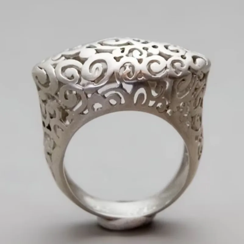 Vintage Hand Carved Hollow Women's Ring Ethnic Silver Color Metal Geometry Daily Wear Party Jewelry Anniversary Gift