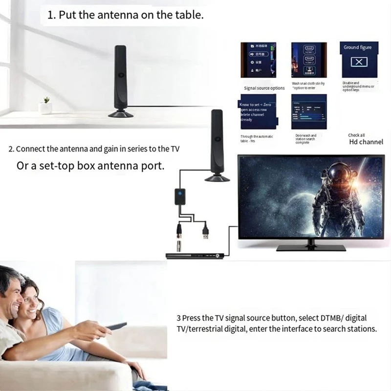 Alto Ganho Indoor Antena De TV Digital, Amplified Signal Booster, Wide Range Recepção HDTV, Home TV