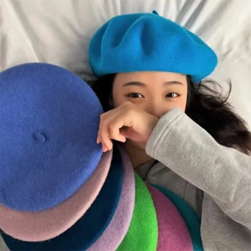 17 Colors Women Girls Beret Cap Thick Wool French Artist Style Warm Winter Beanie Hat Retro Plain Beret Solid Color Elegant Hats