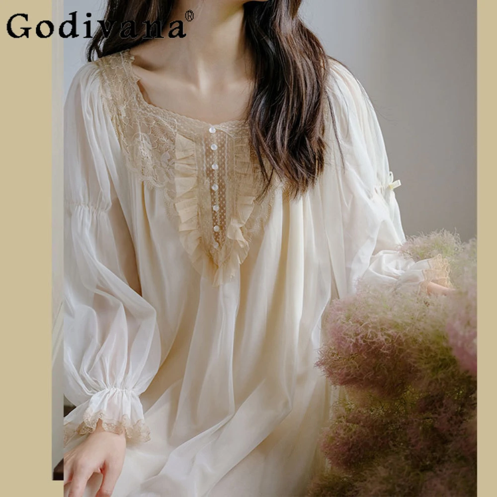 

French Beautiful Pajamas Spring Summer Vintage Court Style Princess Dress Sleepshirts Lace Morning Gown Nightwear