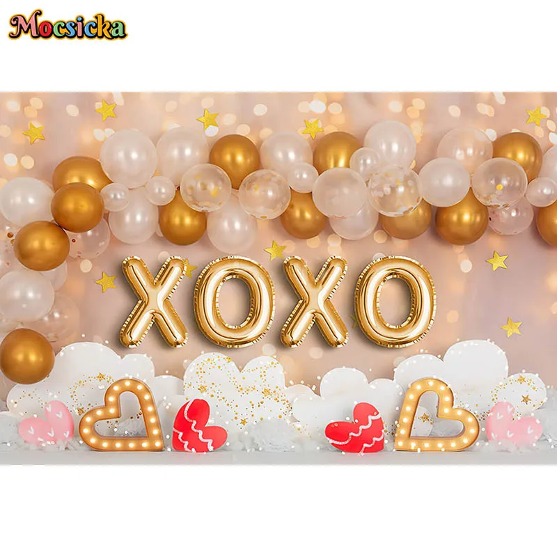 Arrière-plan de photographie d'enterrement de vie de garçon, coeur, chapiteau, lumières, ballon doré, XOXO, arrière-plan de portrait de Leon, 14 février, Photocall
