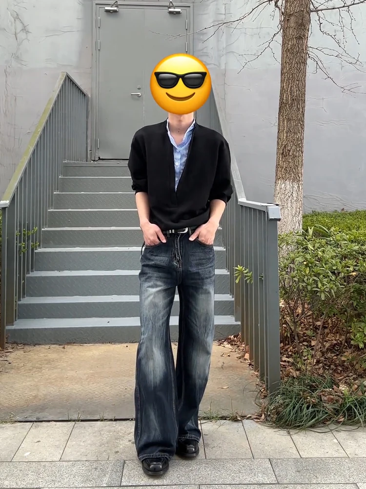 

Washed Blue Grey Pattern Men's Jeans American High Street Vibe Cleanfit Straight Leg Casual Youth Fashion