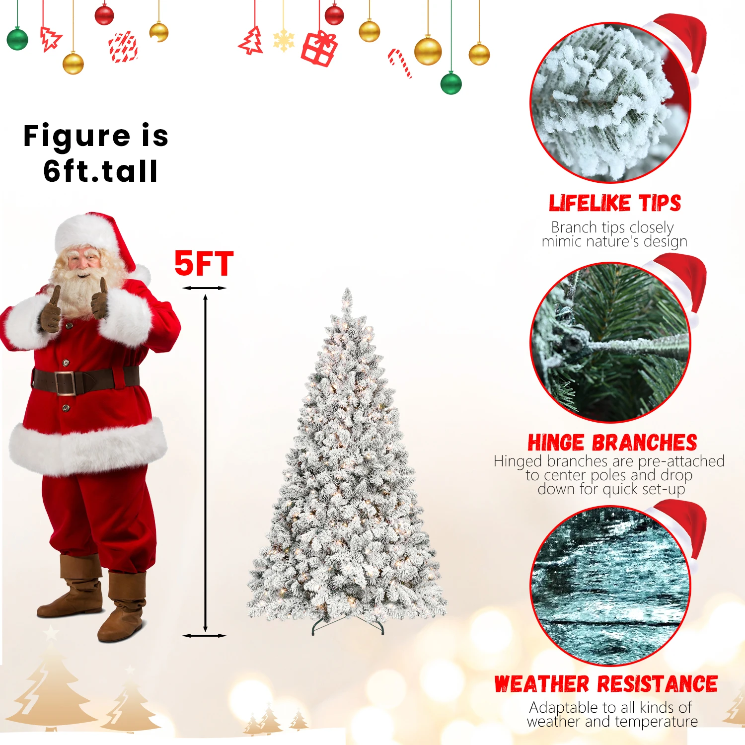 5FT Artificial Flocked Christmas Tree with 600 PVC Branch Tips, Pre-lit 300 Warm White LED Lights, 27 Pine Cones, Hinged Branches Foldable Base, Fireproof PVC for Indoor Holiday Decoration