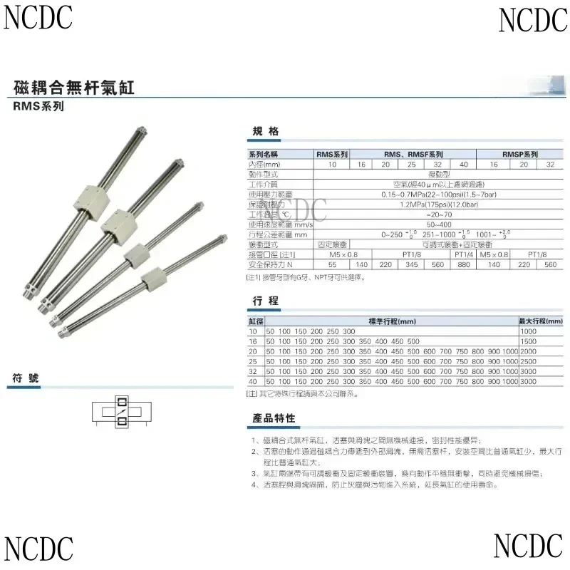 Magnetic Coupling Rodless Cylinder RMS25/32/40X50X100X150X200X250X300