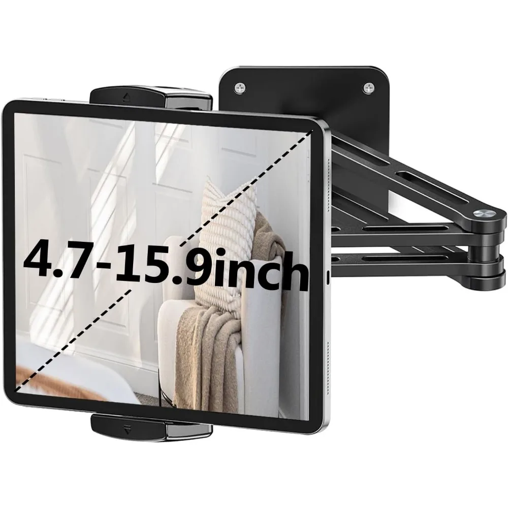 Heavy Duty Aluminum Tablet Wall Mount, Extendable and Adjustable, 360° Rotating Base, Suitable for Various Devices 4.7-13"