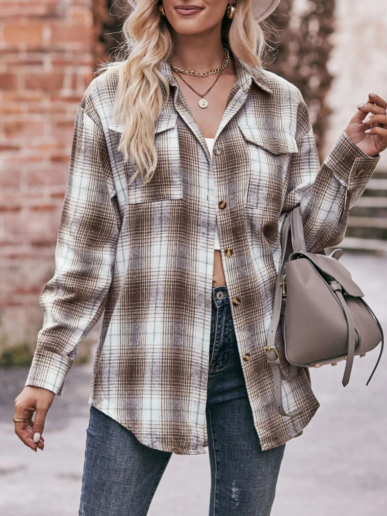 Damen Slim Fit Kariertes Hemd Einreiher Manschettenärmel Casual Basic Herbst Top