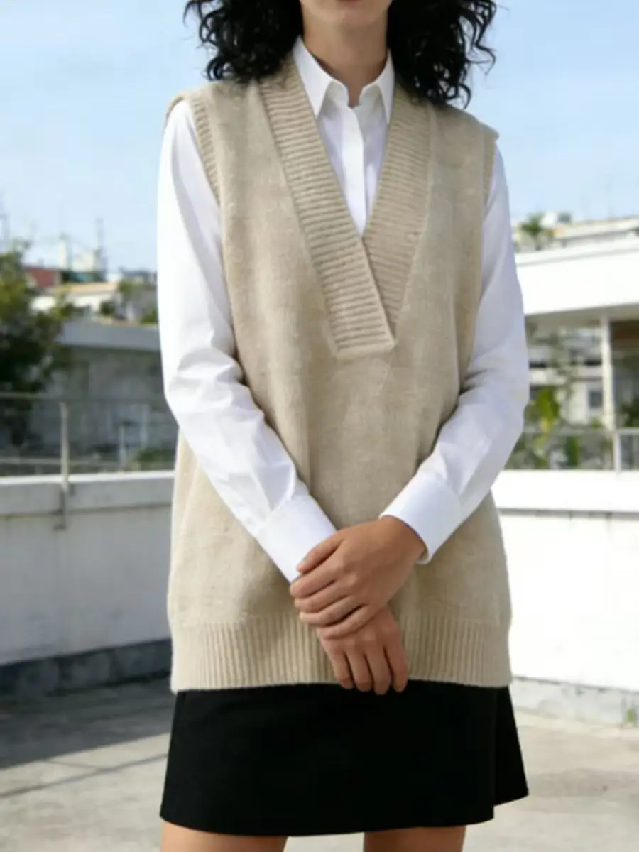 

Абрикосовый вязаный жилет, женский офисный многослойный топ без рукавов с глубоким v-образным вырезом, весенне-осенний повседневный свободный вязаный жилет