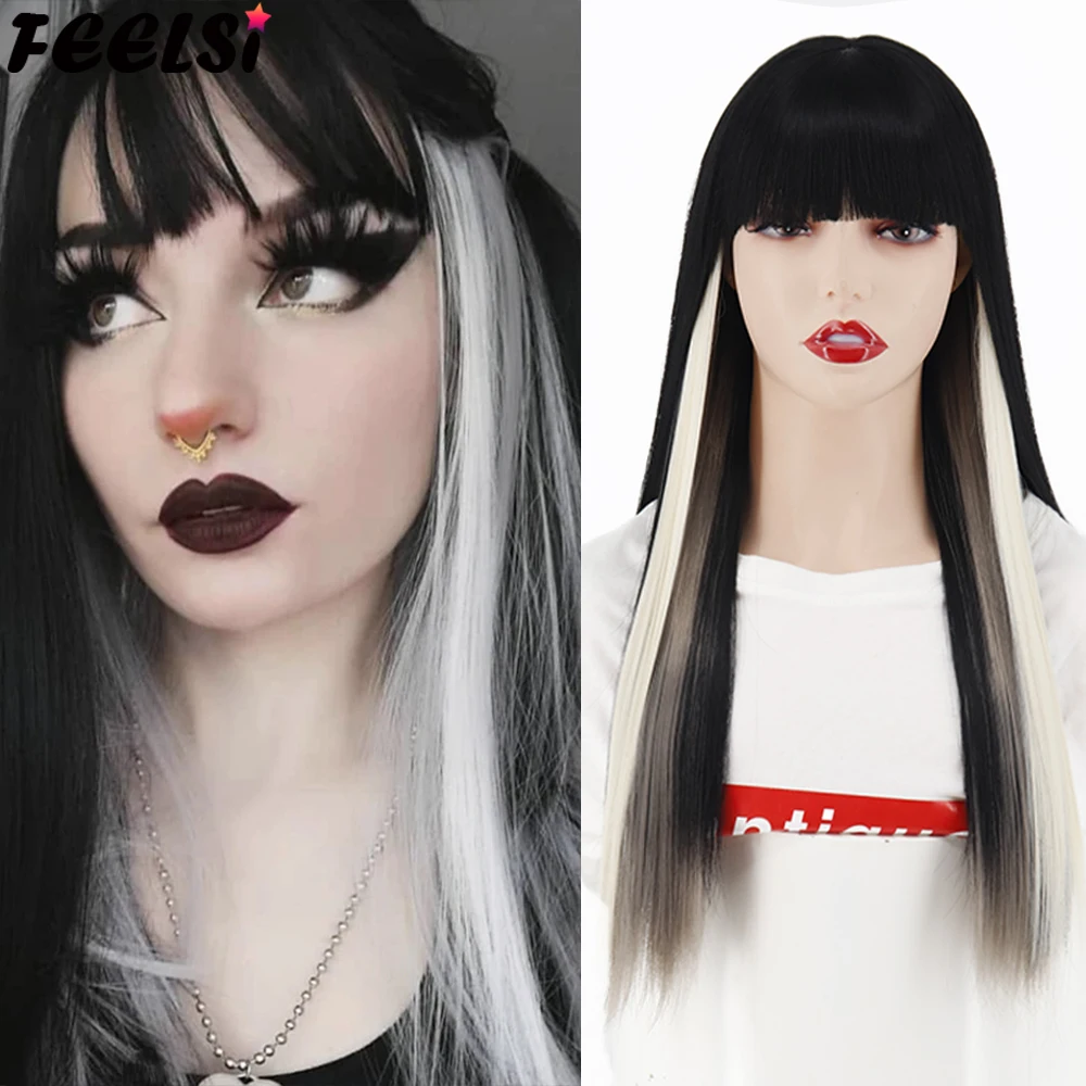 

FEELSI Synthetic Hair Long Straight Wig With Bangs Christmas Black Wig Hanging Ears Dyed White Gray 26Inch Halloween Cosplay