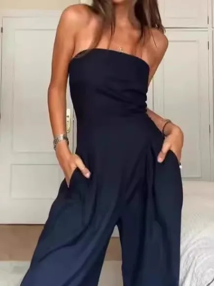 

Sexy Strapl ket Color Jumpsuit Pure Color Rer Street Sle High Waist Long Pants Straight Cut Polyester Autumn Colle...