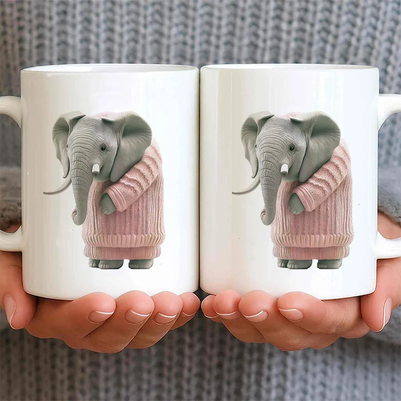 Cute Elephant In Pink Sweater Ceramic Coffee Mug, 11oz 350ml Colorful Print Mug, Personalized Custom Mug, Microwave Safe Cute Ae